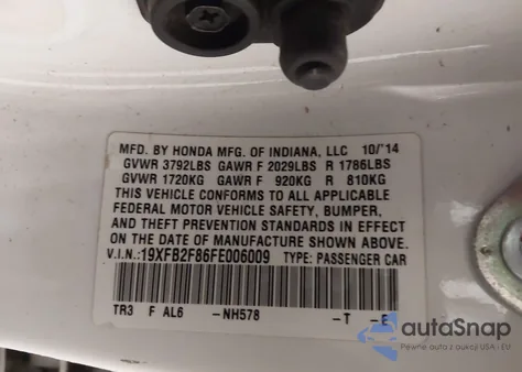 2015 Honda Civic Ex from USA, damaged, VIN 19XFB2F86FE006009